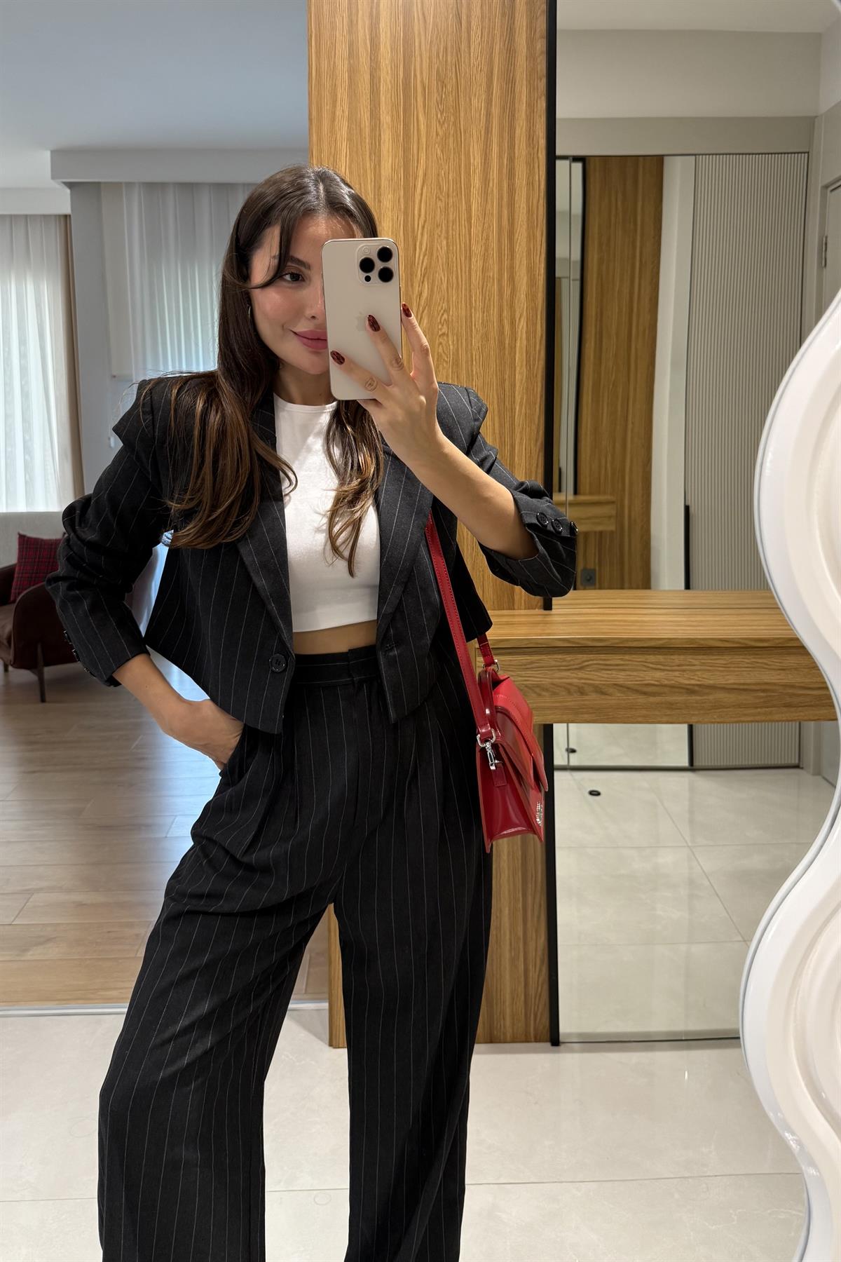 Medusa Siyah Çizgili Blazer Pantolon Takım
