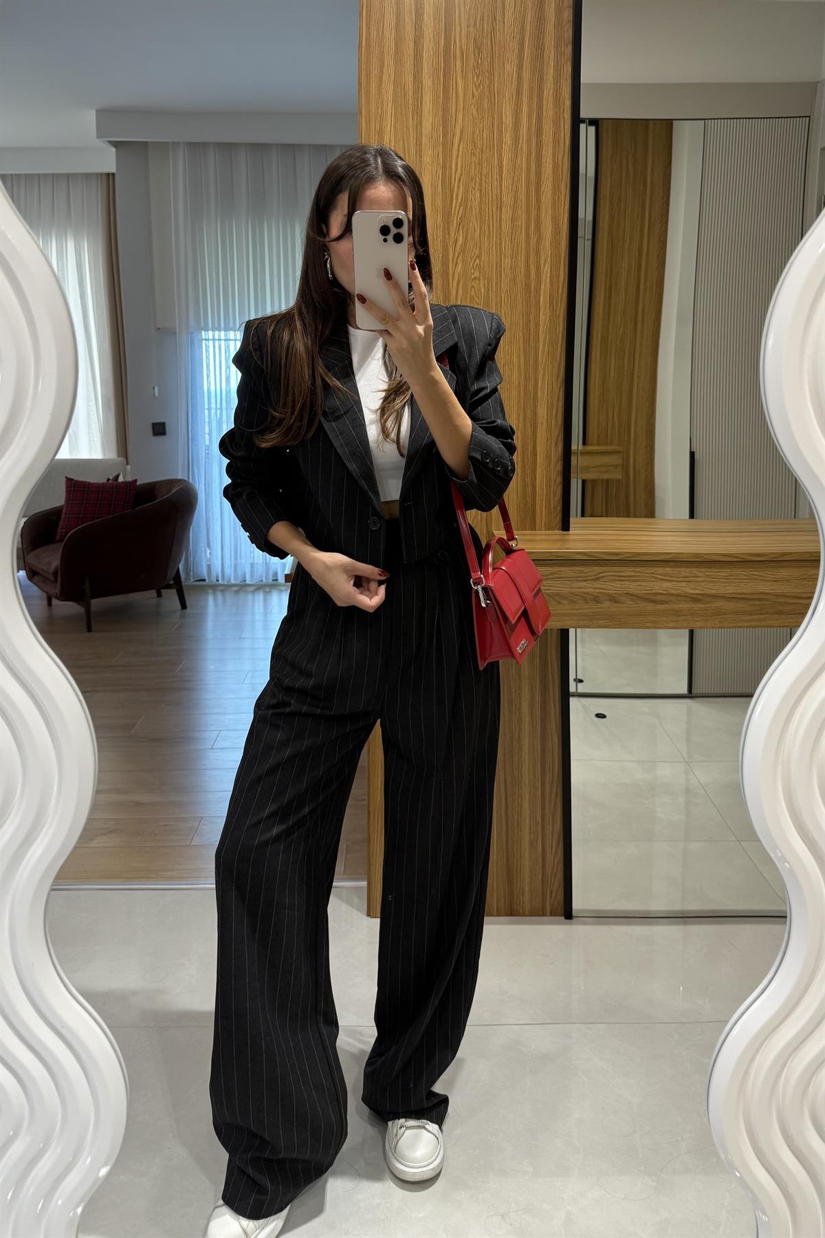 Medusa Siyah Çizgili Blazer Pantolon Takım
