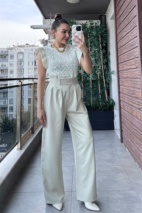 Megas Beli Cırtlı Palazzo Pantolon - Krem