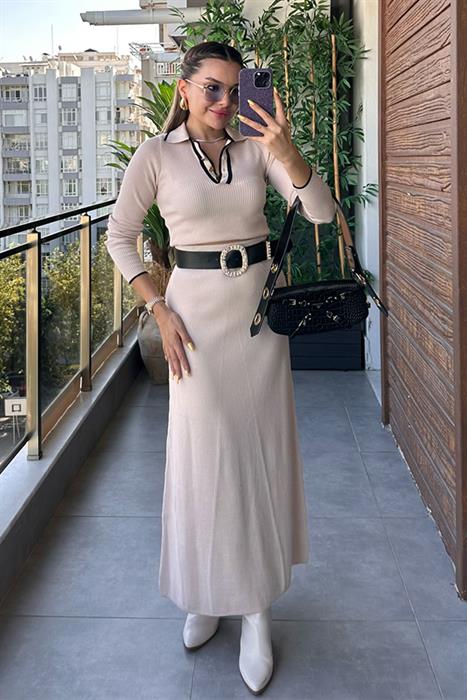 Meghan Fitilli Polo Yaka Etekli Takım - Krem
