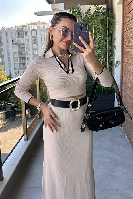 Meghan Fitilli Polo Yaka Etekli Takım - Krem