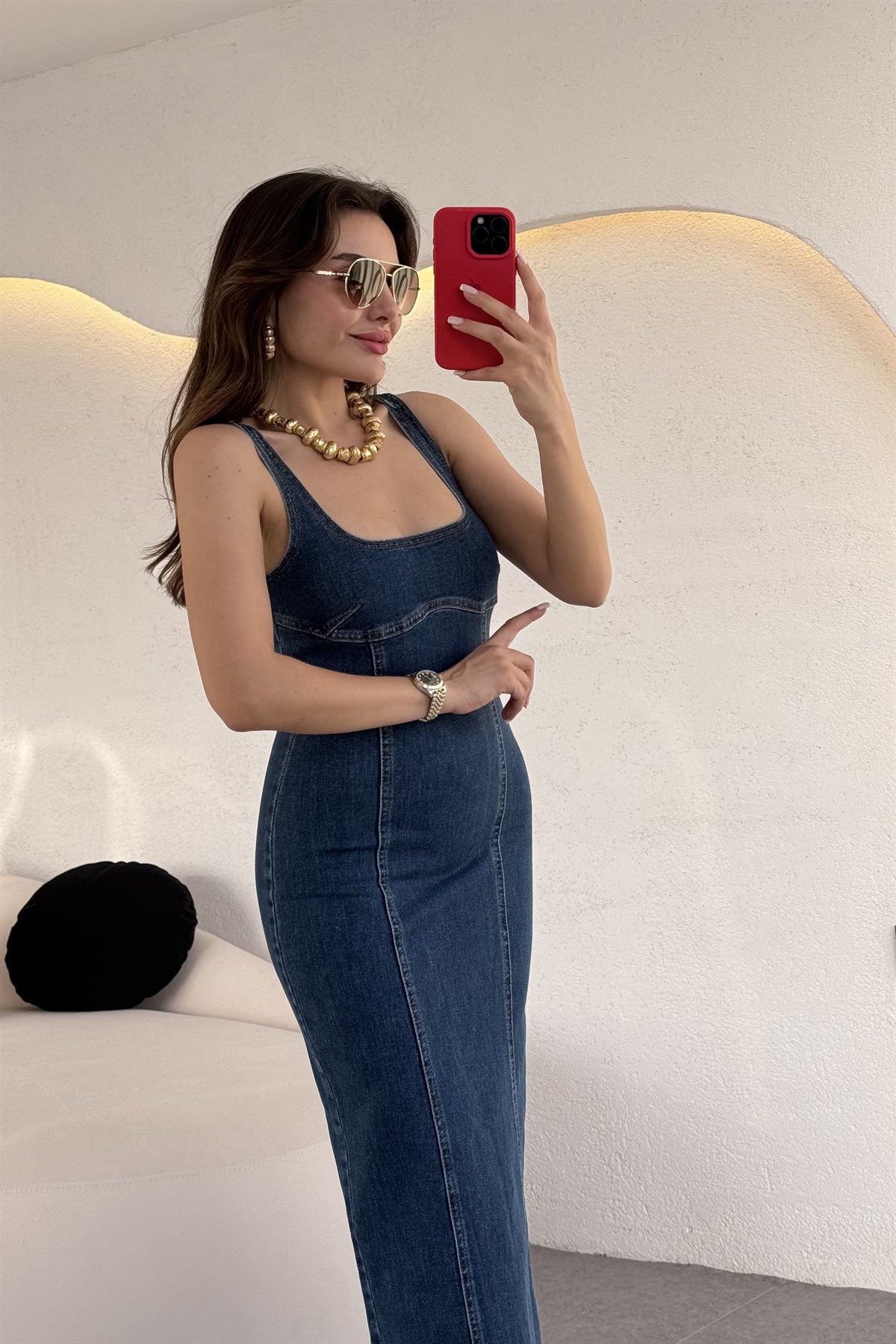 Mejuri Darkblue Denim Kare Yaka Elbise