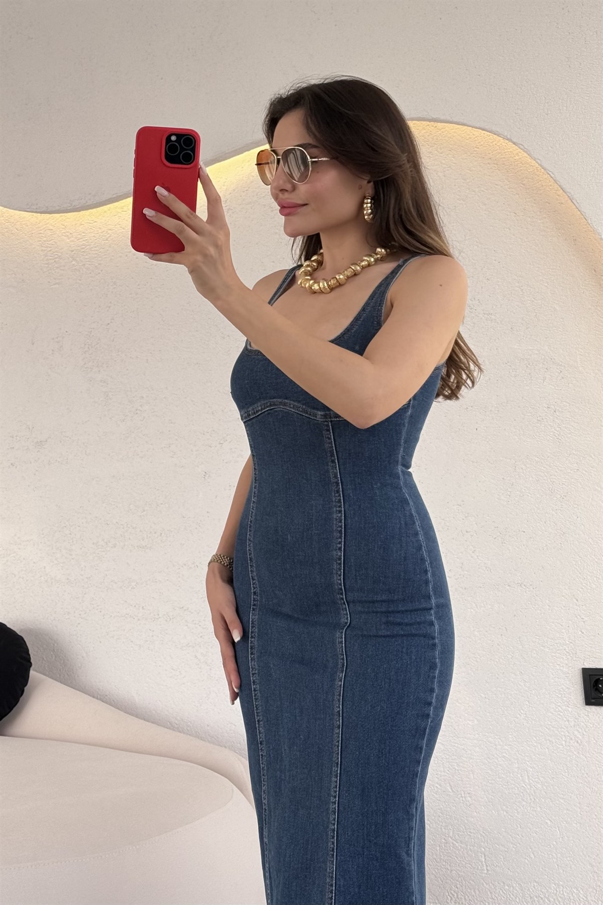 Mejuri Darkblue Denim Kare Yaka Elbise