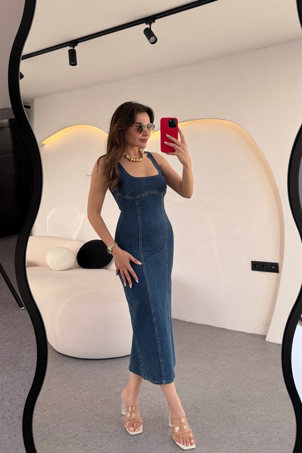 Mejuri Darkblue Denim Kare Yaka Elbise