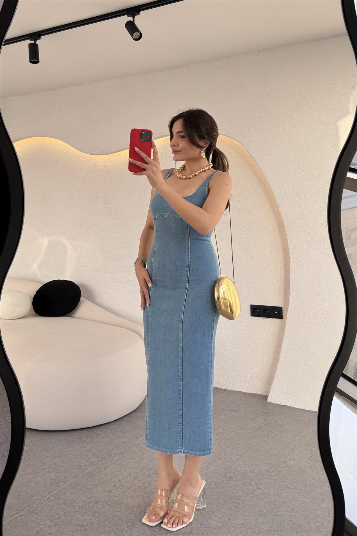 Mejuri Lightblue Denim Kare Yaka Elbise