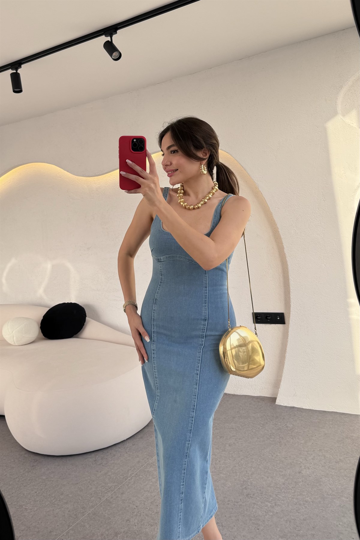 Mejuri Lightblue Denim Kare Yaka Elbise