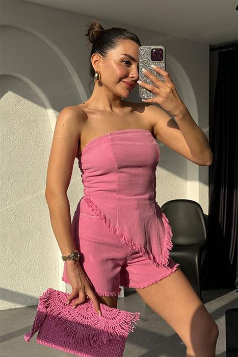 Mejuri Yıkamalı Crop Şort Takım - Pembe