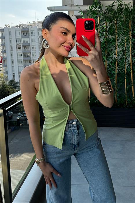 Melez Sırt Dekolteli Kancalı Crop - Yeşil