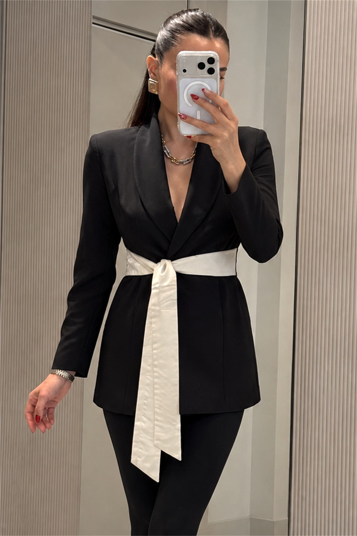 Melia Siyah Kuşaklı Premium Blazer Ceket