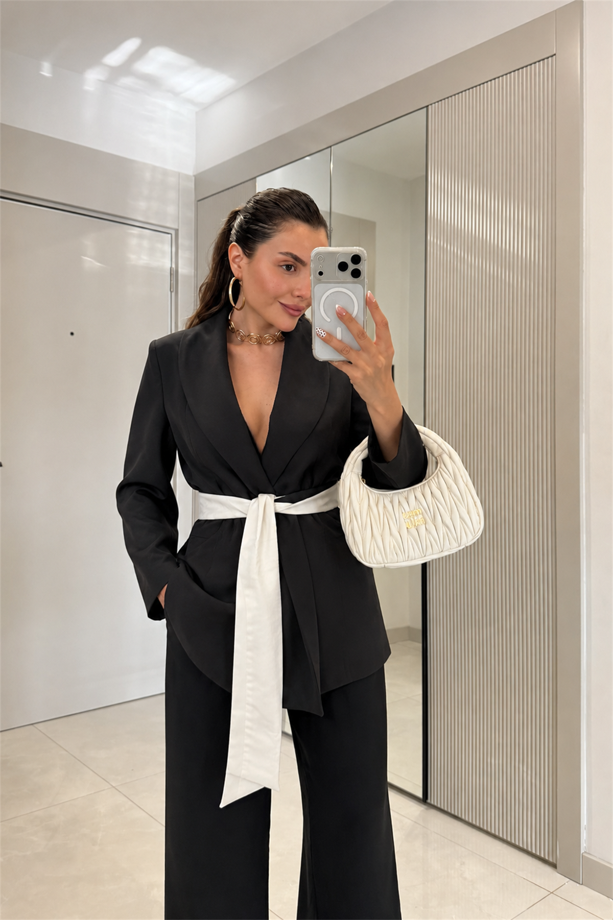 Melia Siyah Kuşaklı Premium Blazer Ceket