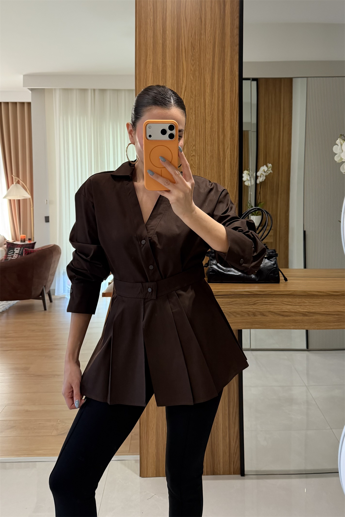 Melinda Kahve İki Parça Tasarım Gömlek