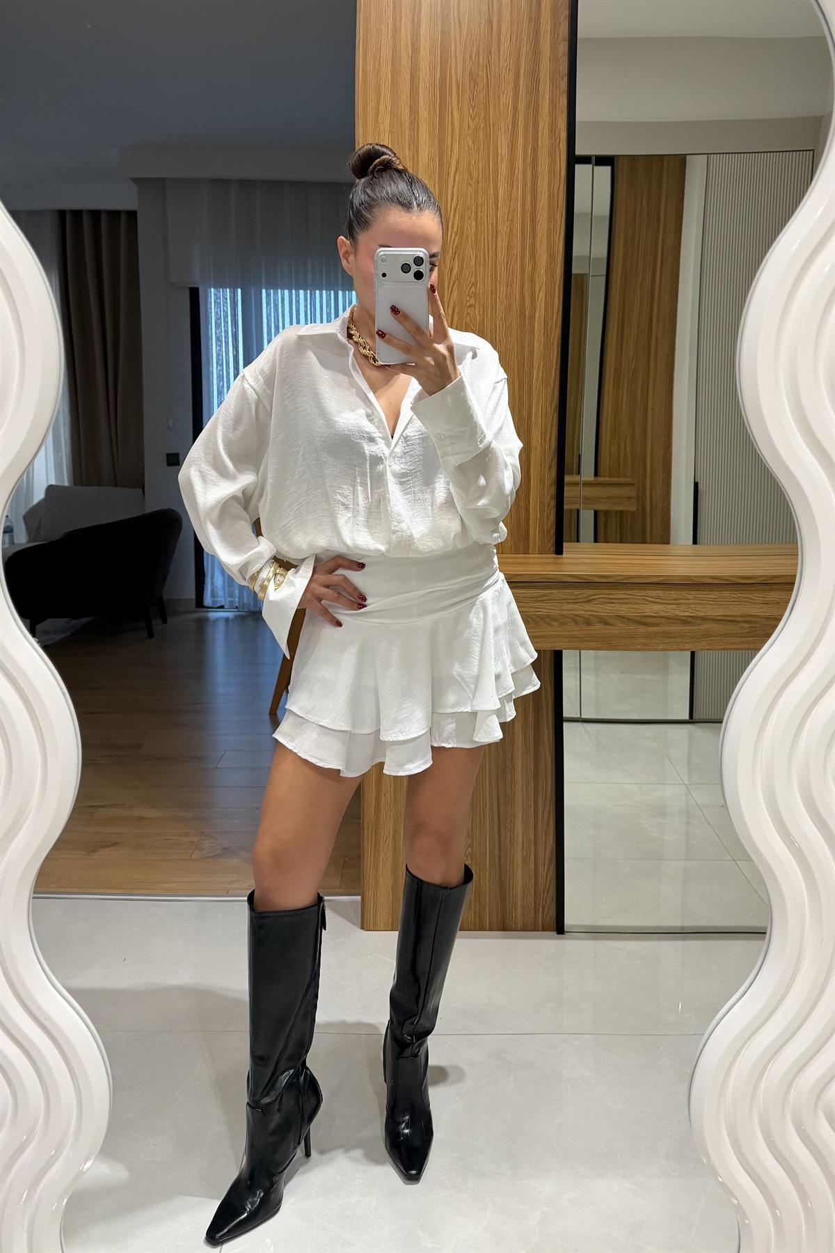 Melirose Beyaz Saten İçi Şortlu Elbise