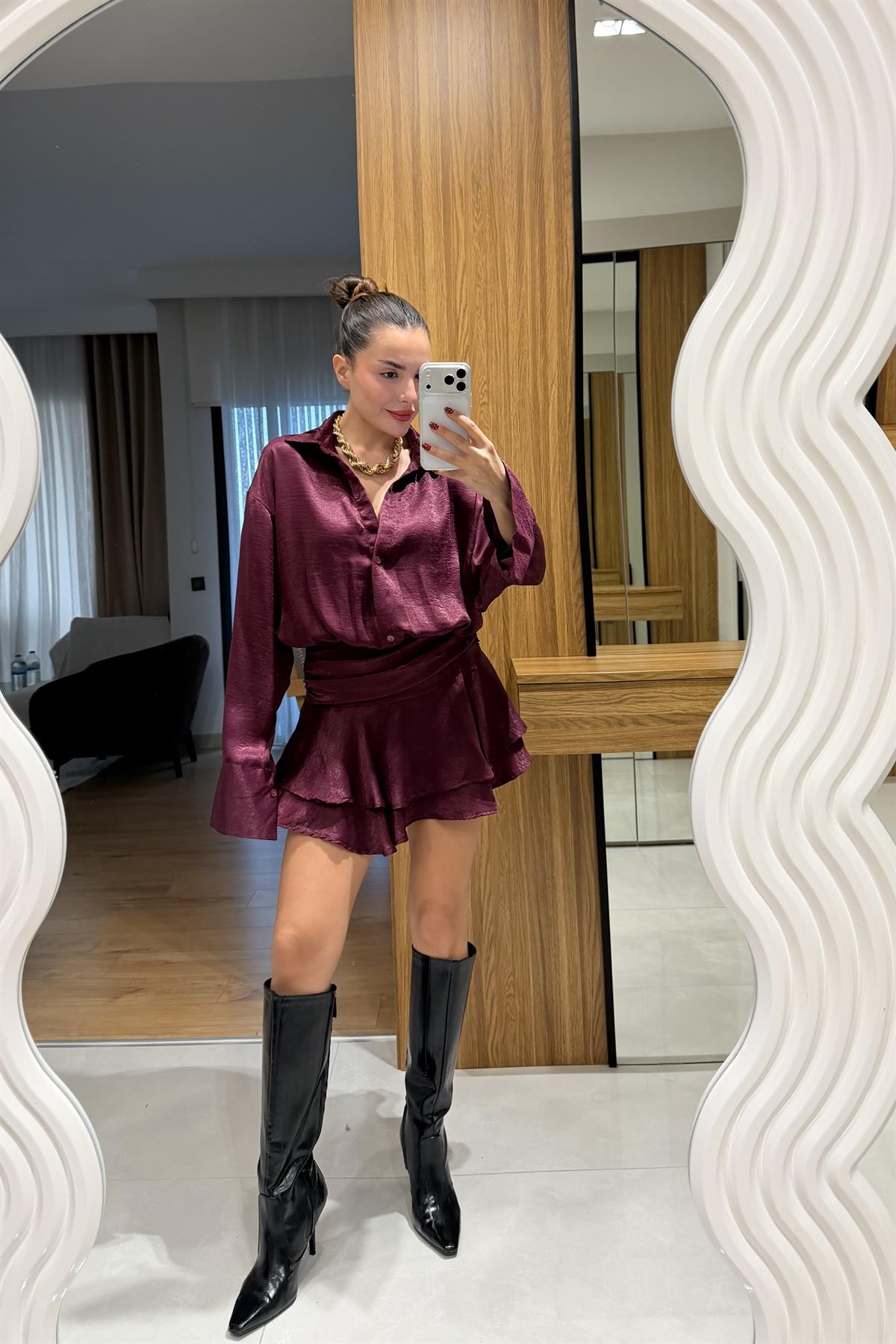 Melirose Mürdüm Saten İçi Şortlu Elbise