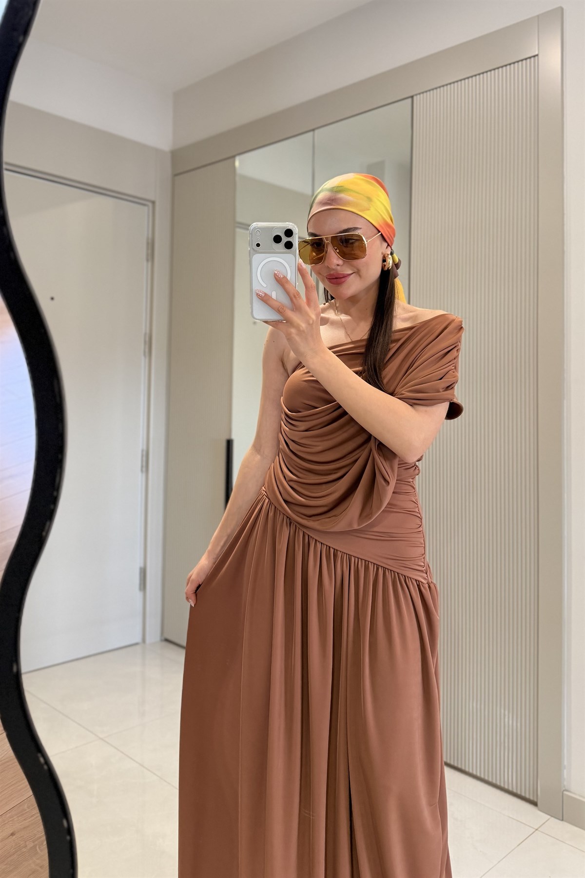 Melodie Sütlü Kahve Drapeli Tek Omuz Elbise