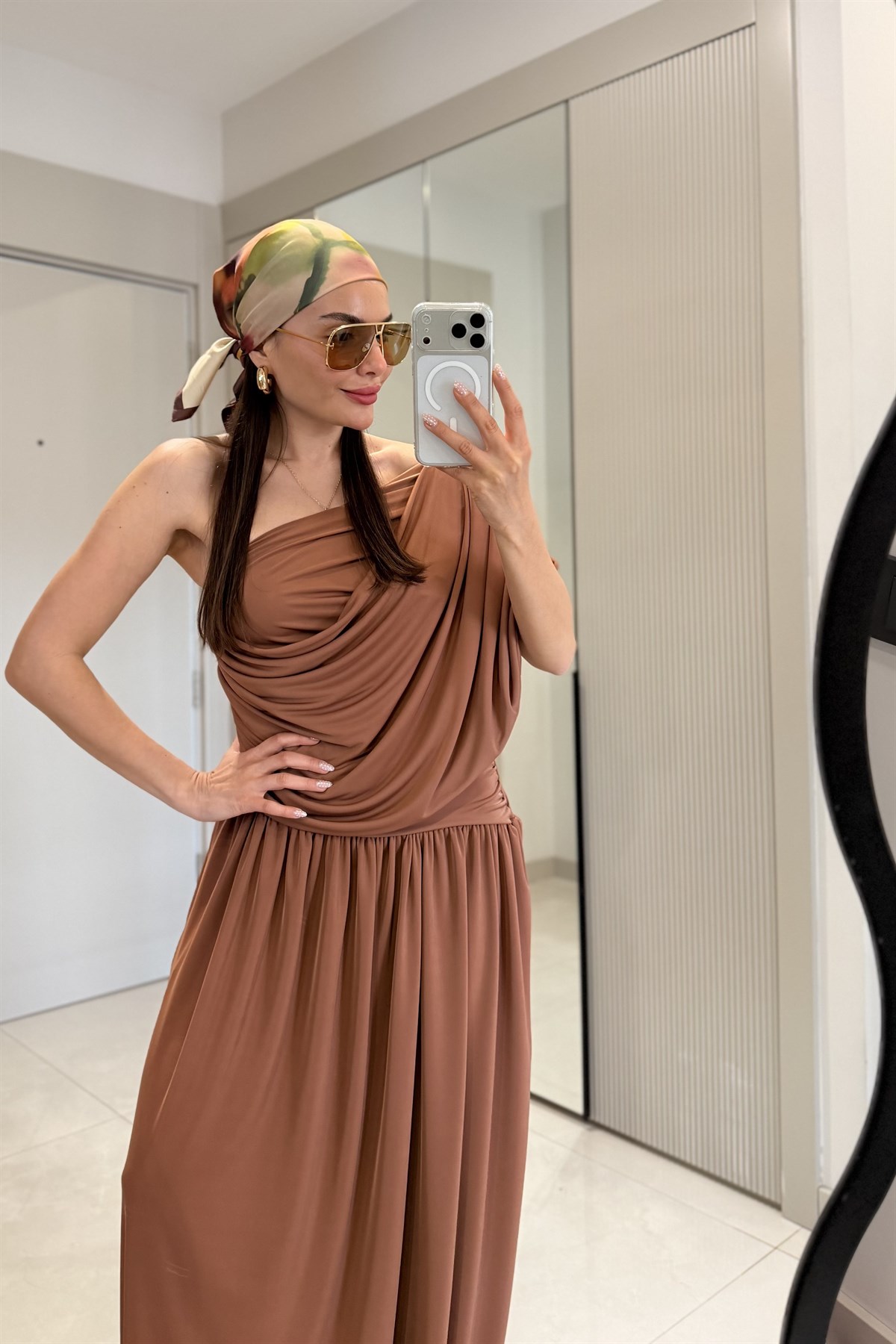 Melodie Sütlü Kahve Drapeli Tek Omuz Elbise