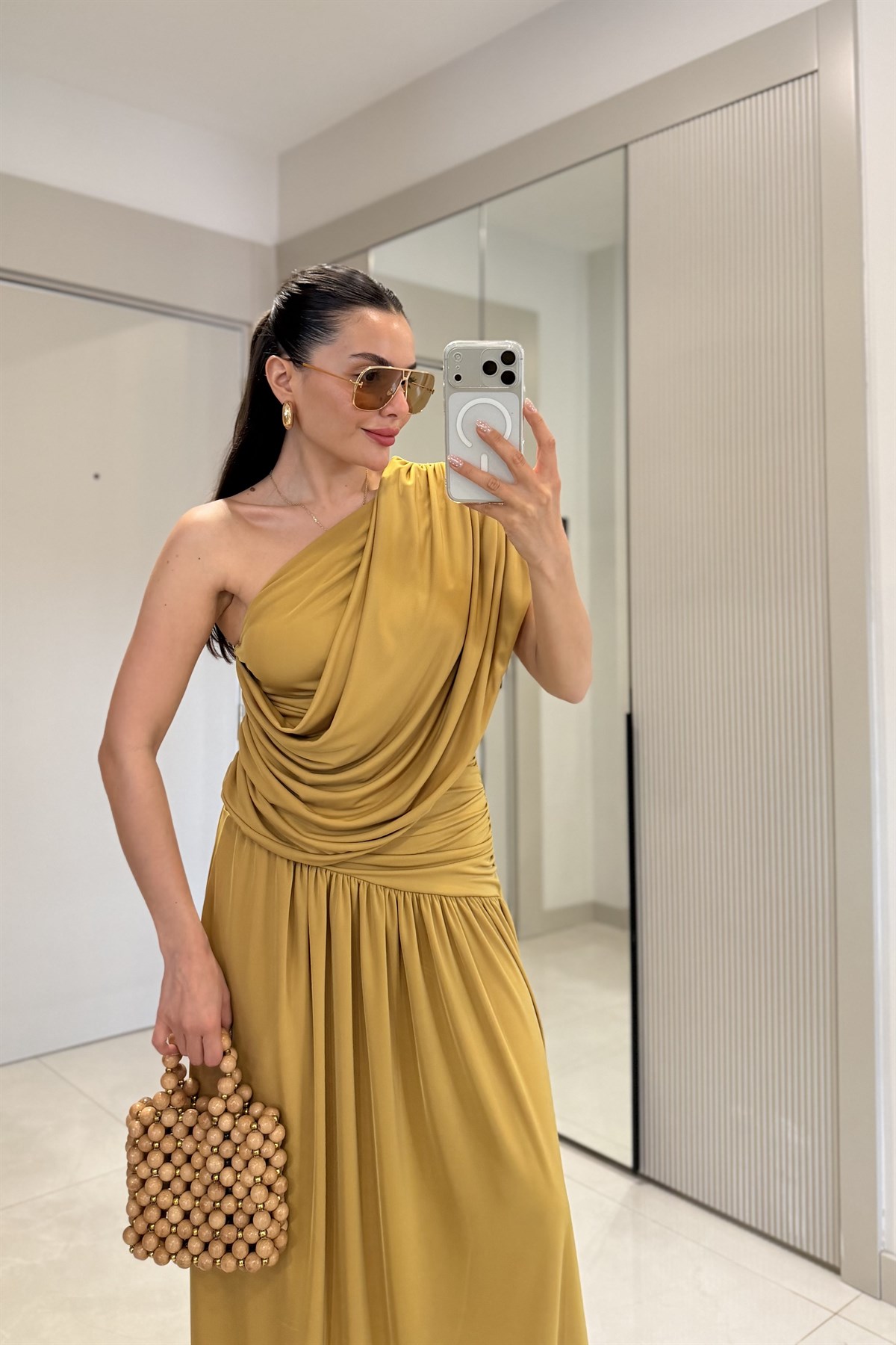 Melodie Olive Drapeli Tek Omuz Elbise