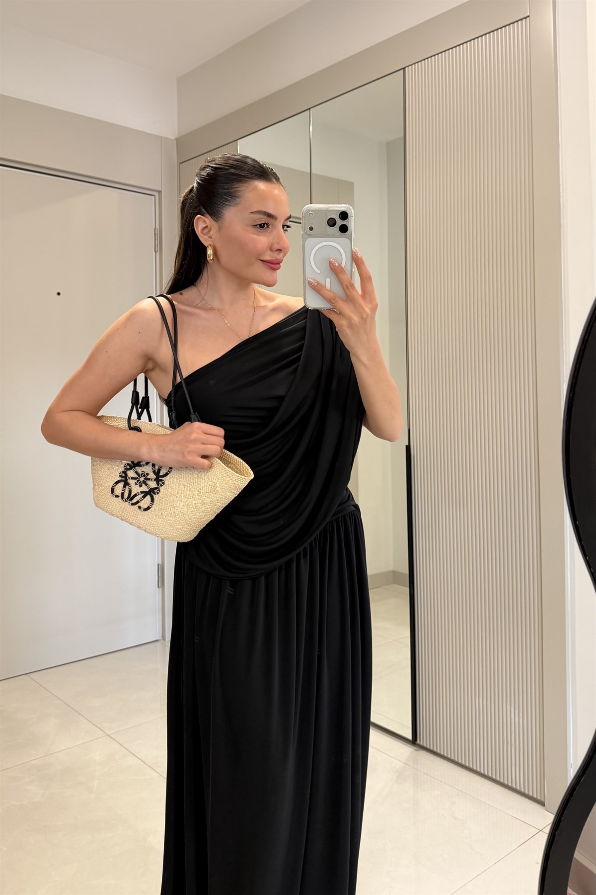 Melodie Siyah Drapeli Tek Omuz Elbise