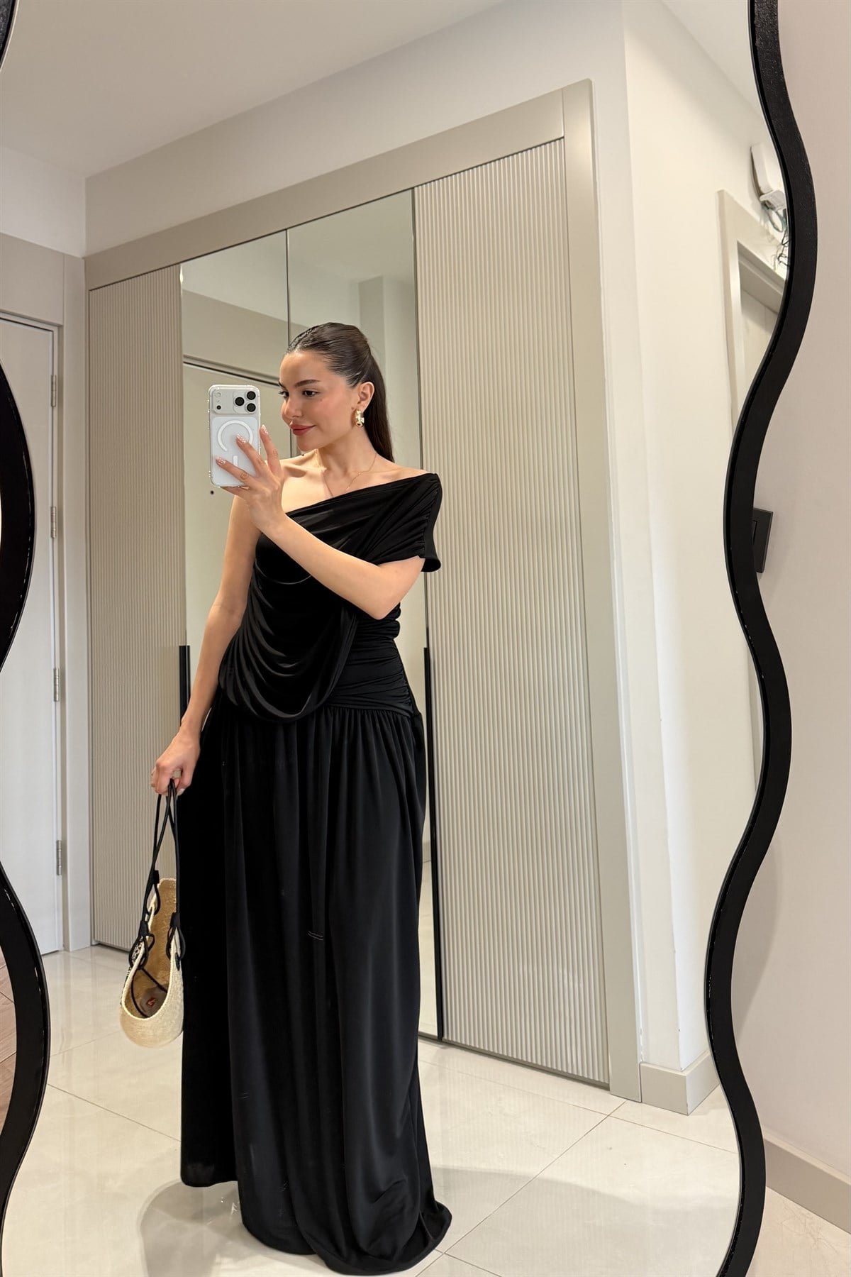 Melodie Siyah Drapeli Tek Omuz Elbise