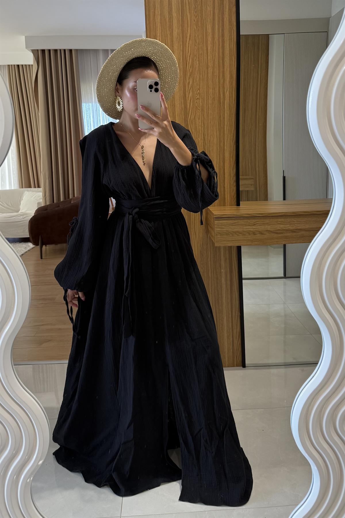 Melody Siyah Belden Kuşaklı Müslin Elbise