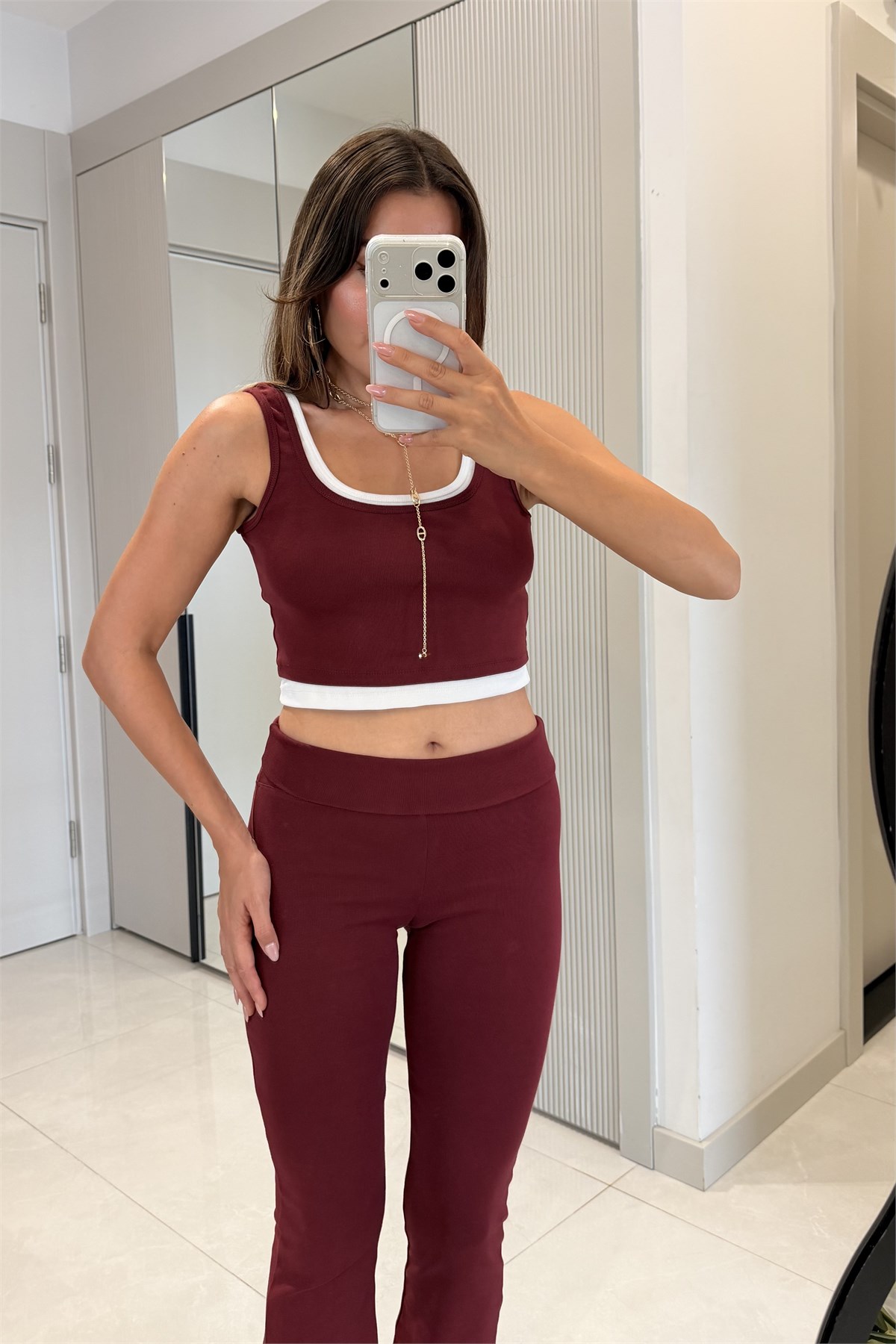 Mercury Bordo Üçlü Ceket Pantolon Crop Takım