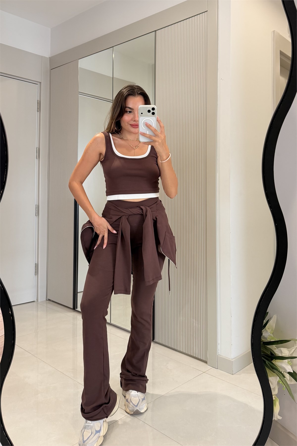 Mercury Kahve Üçlü Ceket Pantolon Crop Takım