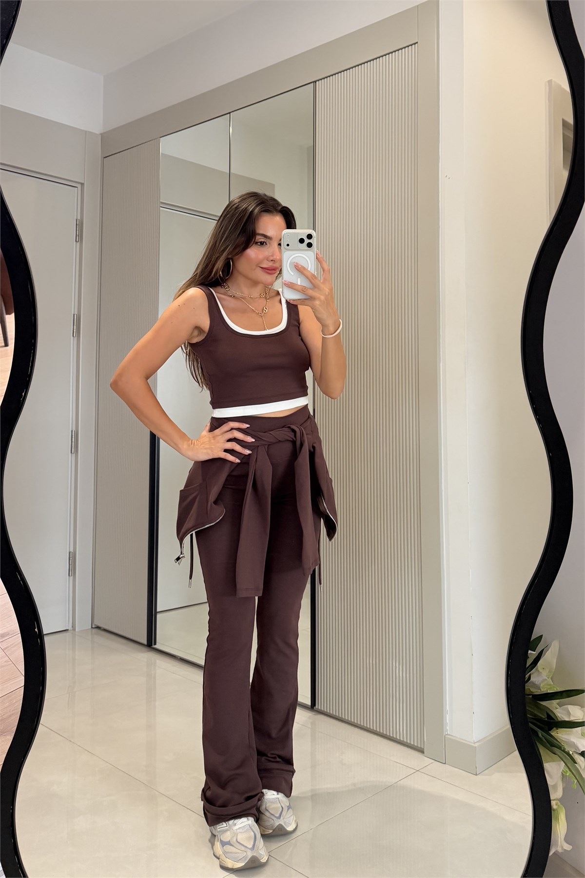 Mercury Kahve Üçlü Ceket Pantolon Crop Takım