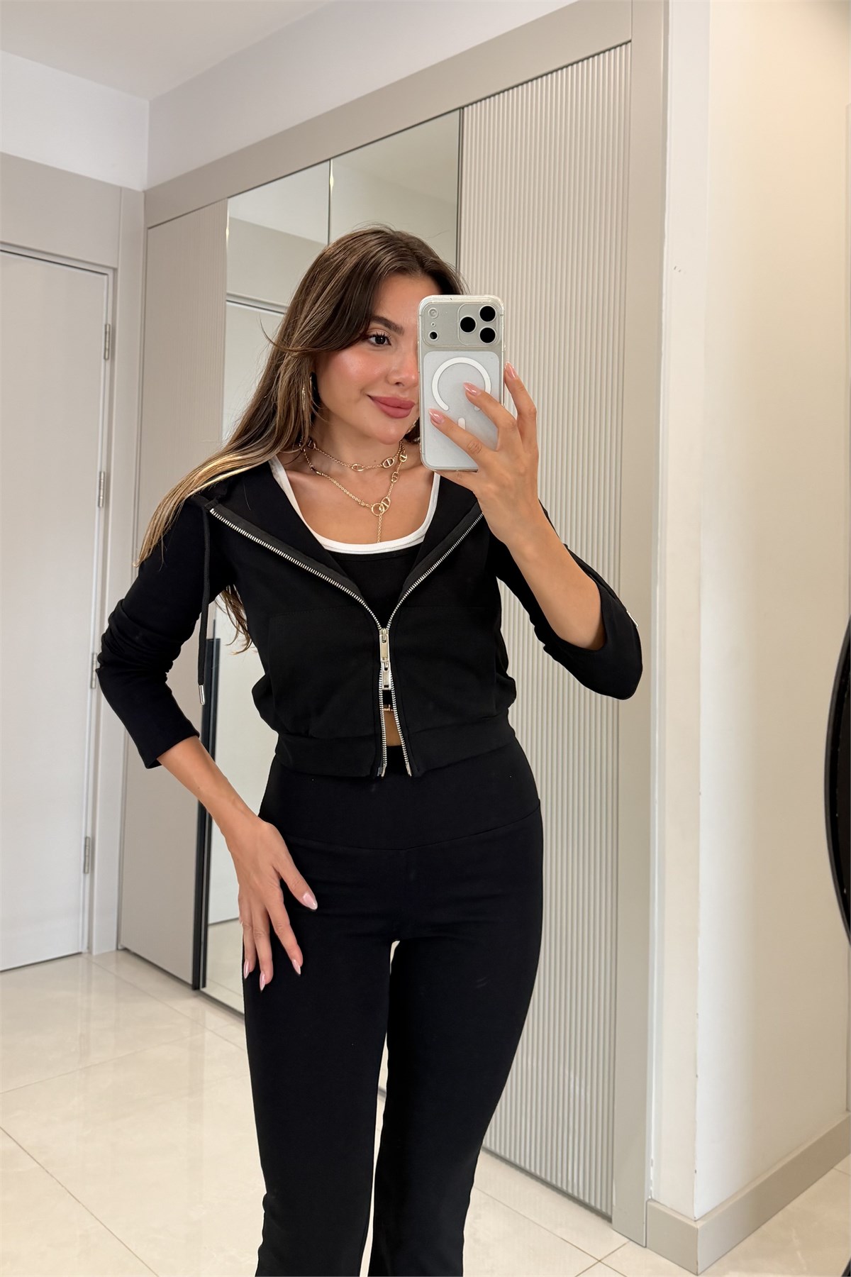 Mercury Siyah Üçlü Ceket Pantolon Crop Takım