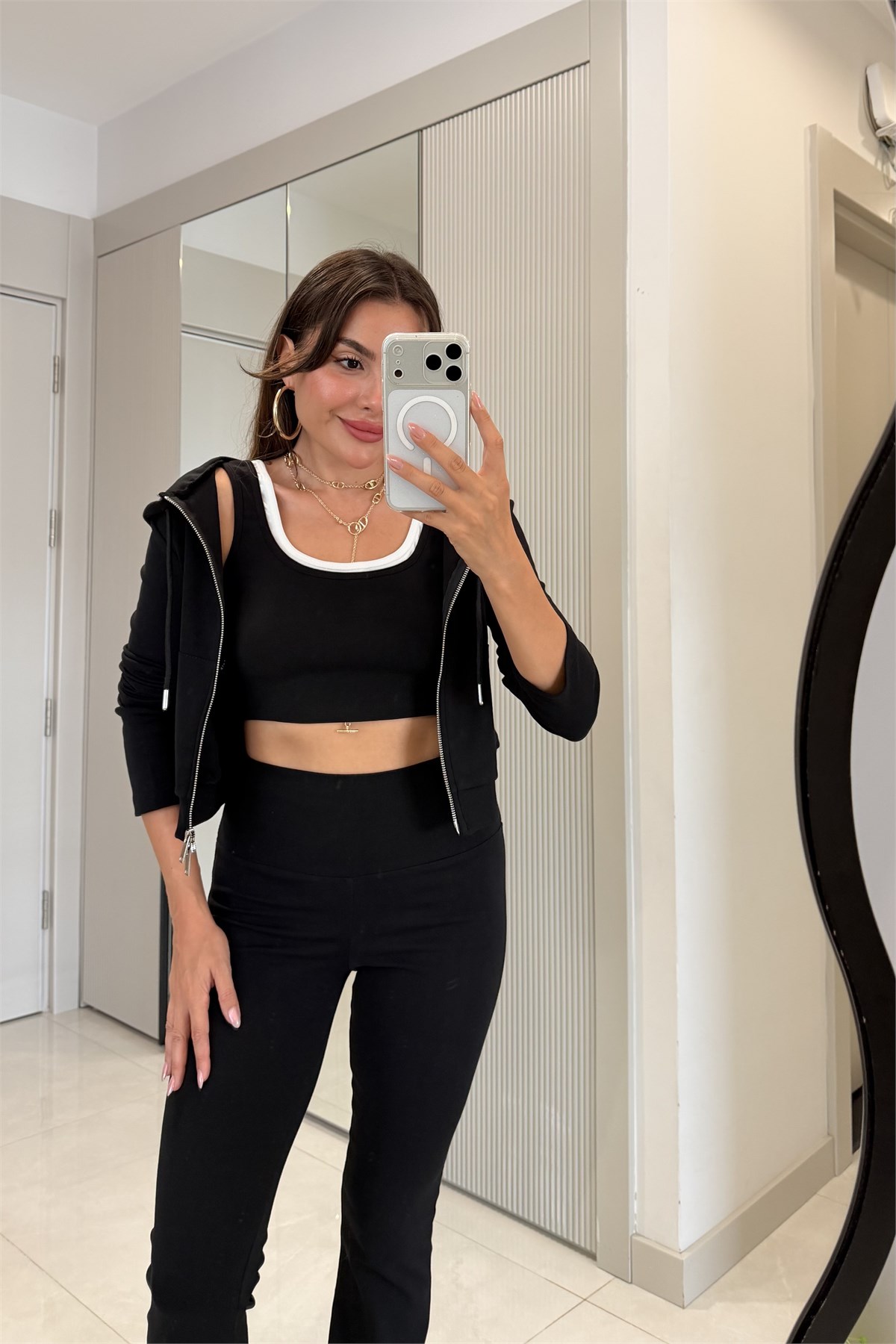 Mercury Siyah Üçlü Ceket Pantolon Crop Takım