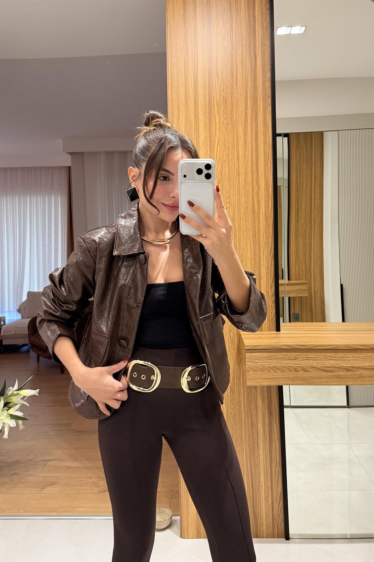 Meria Kahve Krokodil Dokulu Ceket