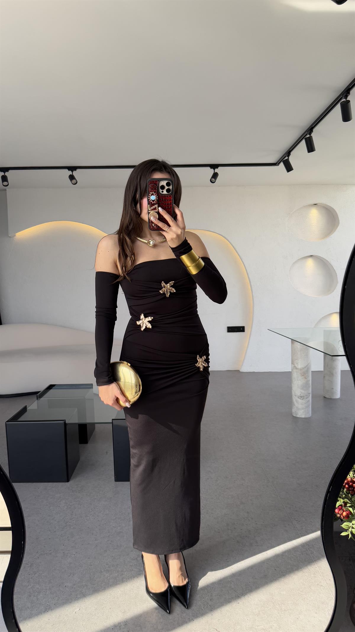 Mermaid Siyah Yıldız Aksesuarlı Tasarım Şık Elbise 