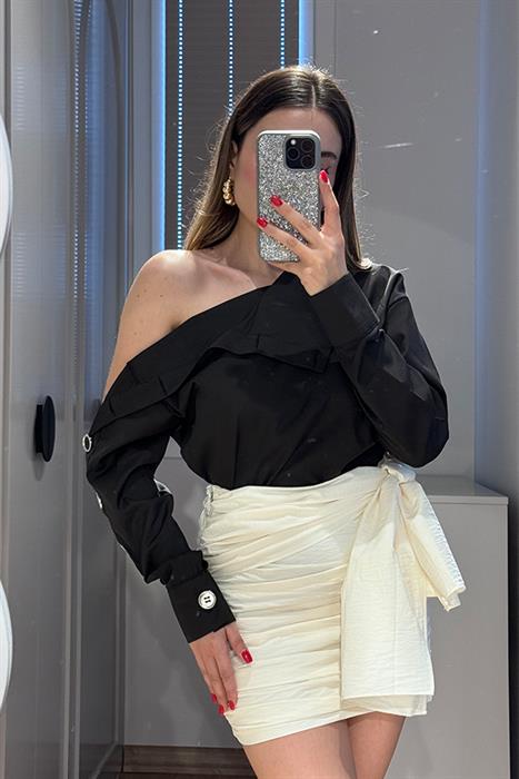 Mevani Yandan Bağlamlı Darapeli Etek-Ekru