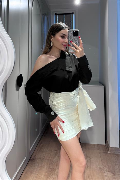 Mevani Yandan Bağlamlı Darapeli Etek-Ekru