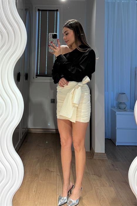 Mevani Yandan Bağlamlı Darapeli Etek-Ekru