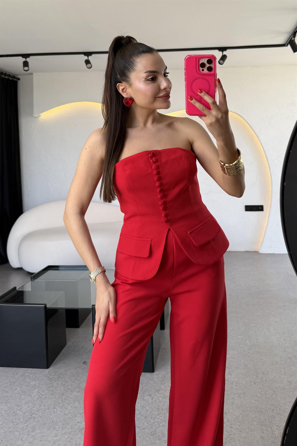 Michell Kırmızı Düğmeli Straplez Premium Takım