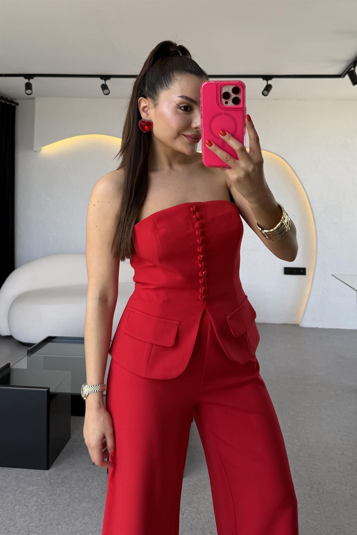 Michell Kırmızı Düğmeli Straplez Premium Takım