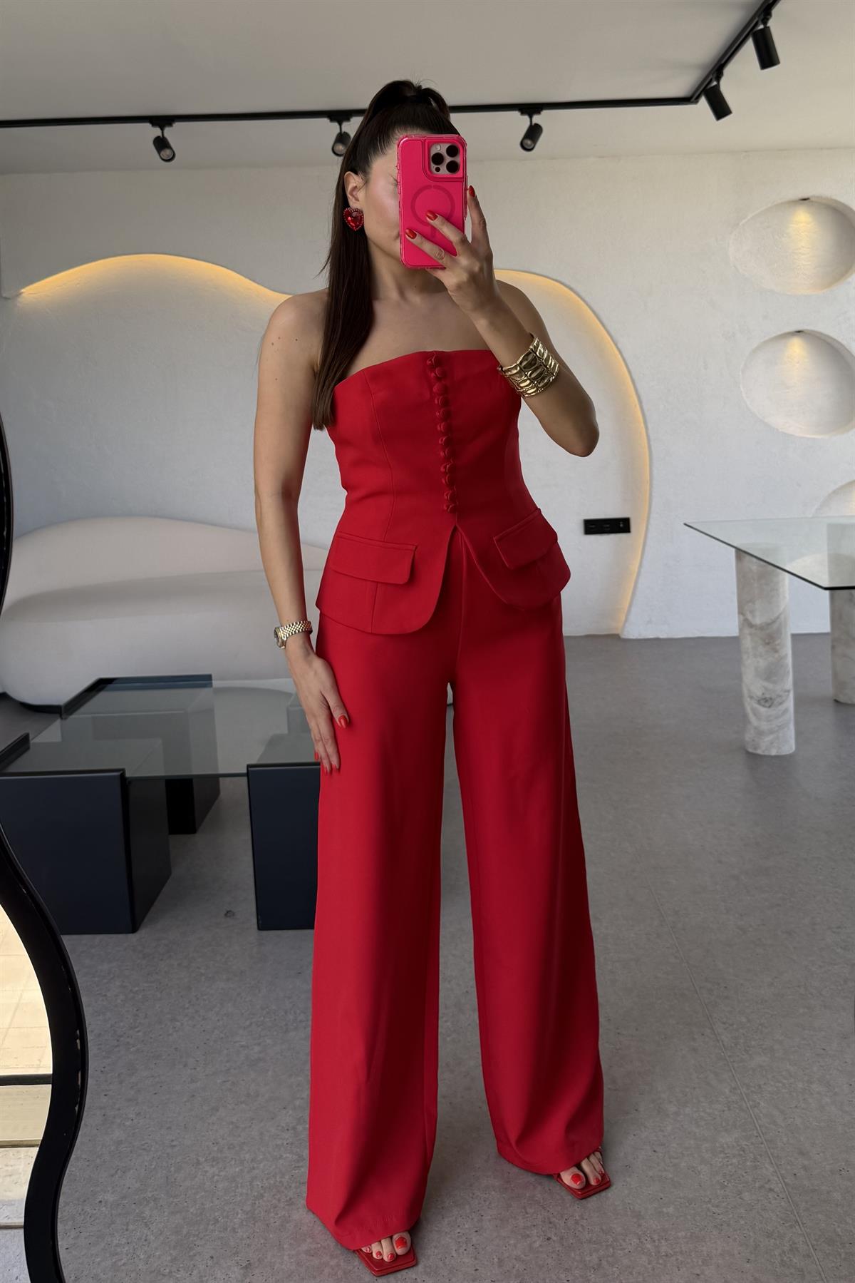 Michell Kırmızı Düğmeli Straplez Premium Takım