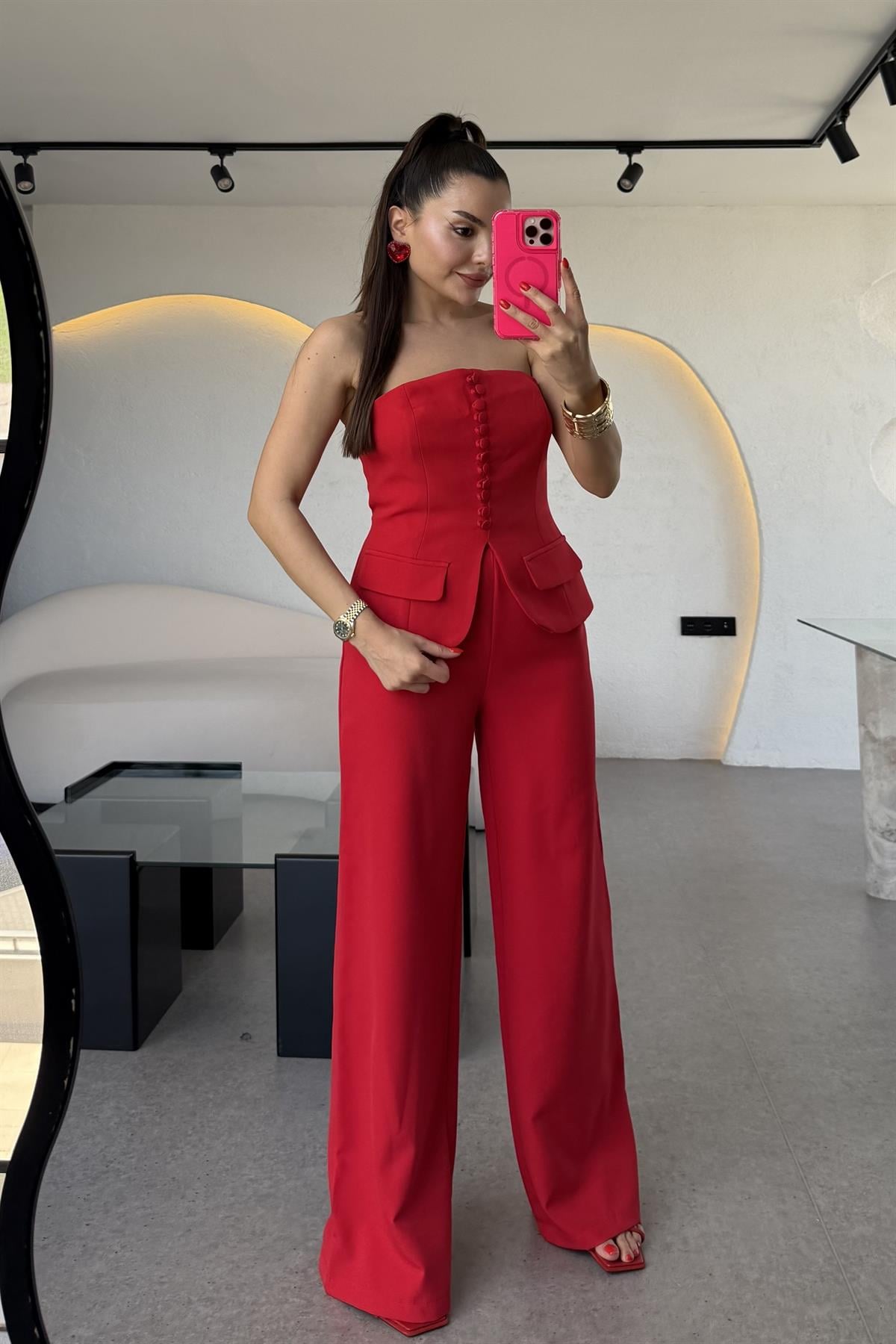 Michell Kırmızı Düğmeli Straplez Premium Takım