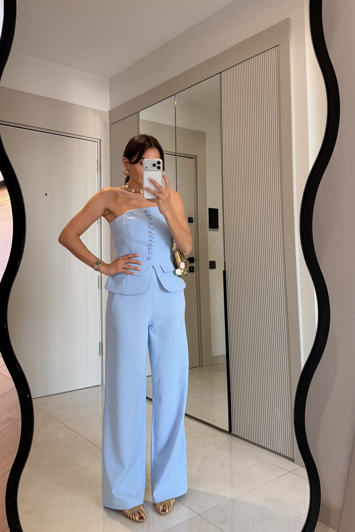 Michell Mavi Düğmeli Straplez Premium Takım