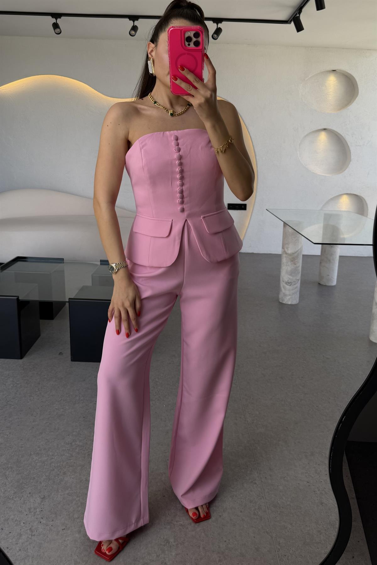 Michell Pembe Düğmeli Straplez Premium Takım