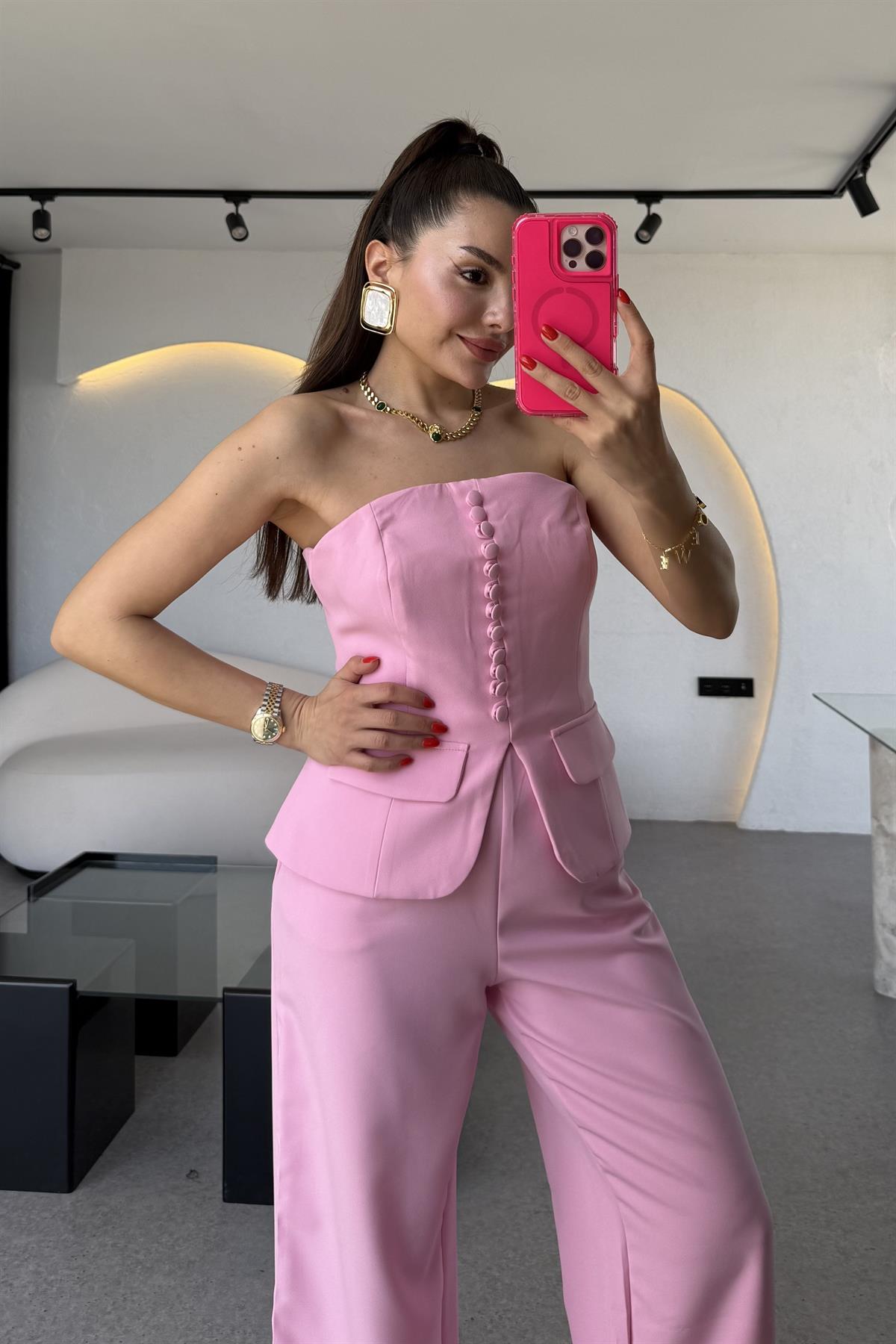Michell Pembe Düğmeli Straplez Premium Takım