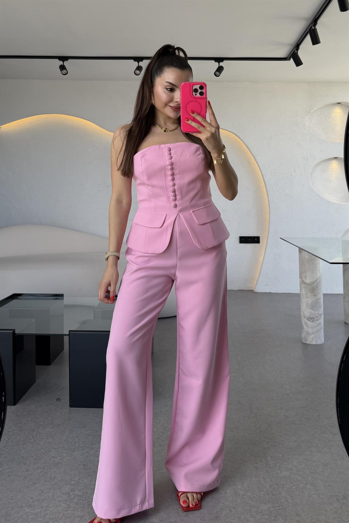 Michell Pembe Düğmeli Straplez Premium Takım