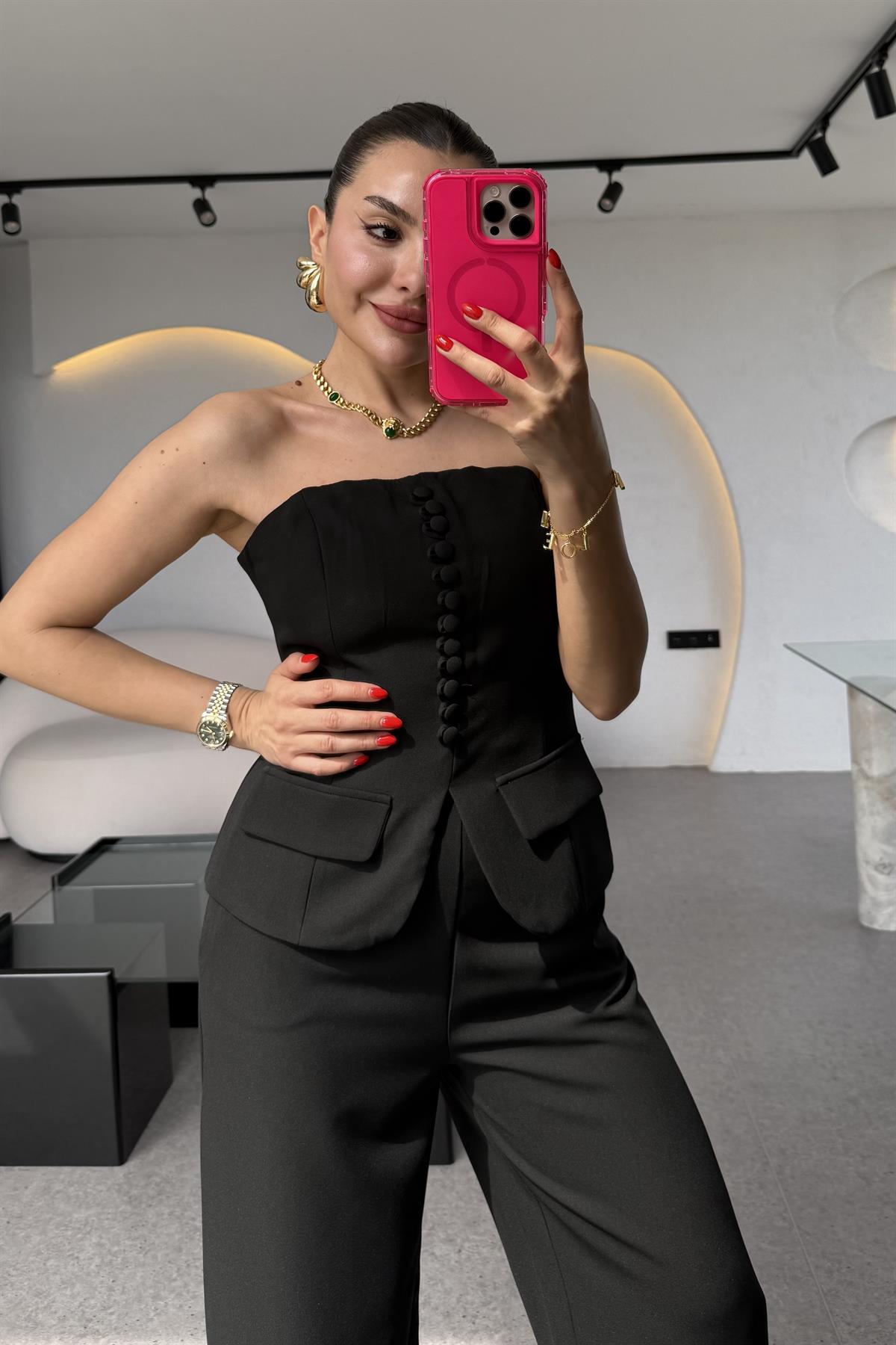 Michell Siyah Düğmeli Straplez Premium Takım