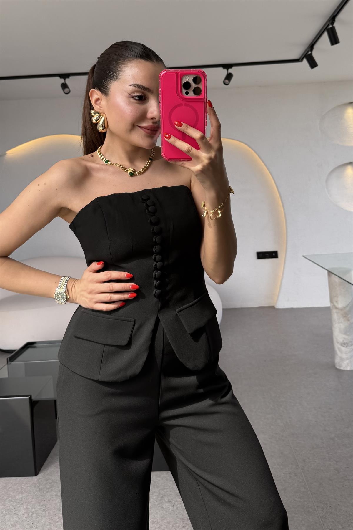 Michell Siyah Düğmeli Straplez Premium Takım