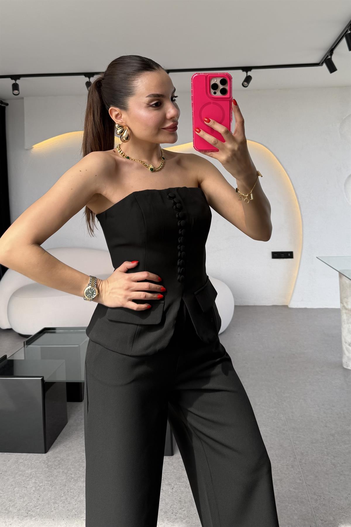 Michell Siyah Düğmeli Straplez Premium Takım