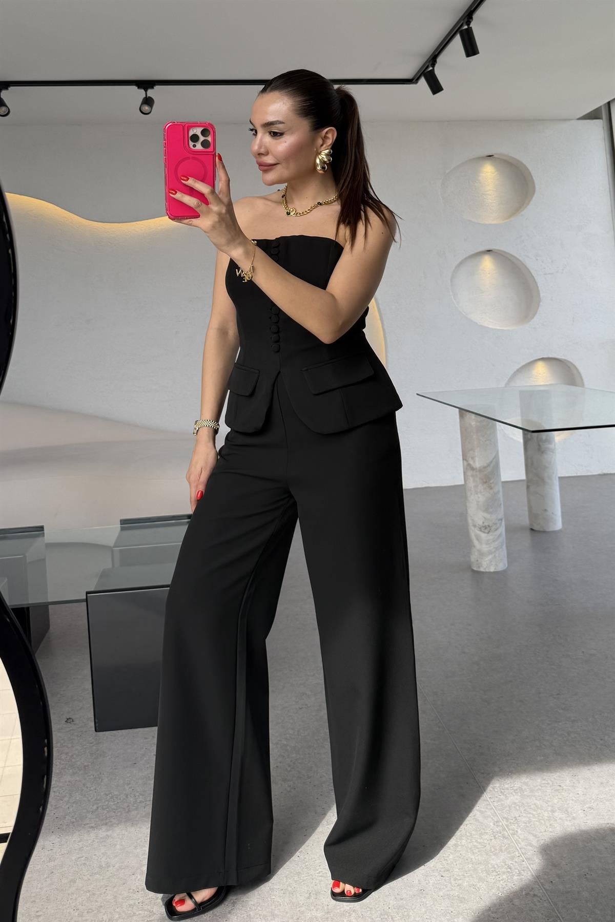 Michell Siyah Düğmeli Straplez Premium Takım