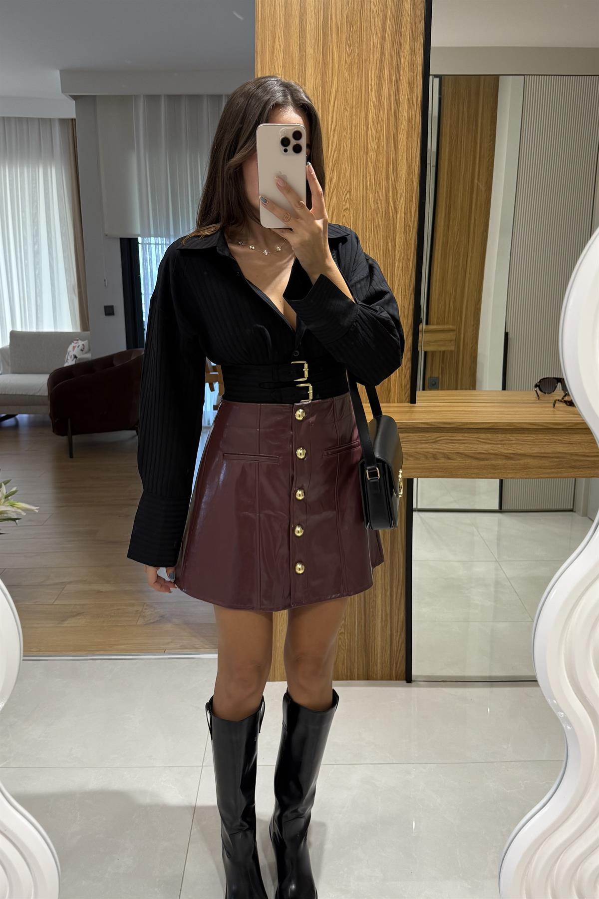 Micro Bordo Düğmeli Deri Etek