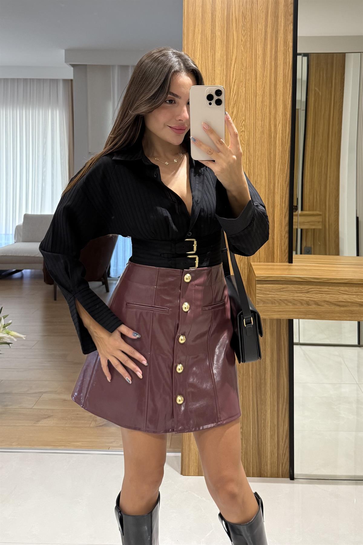 Micro Bordo Düğmeli Deri Etek