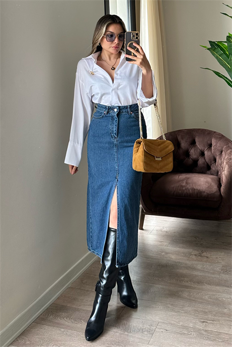 Midblue yırtmaçlı kot kalem etek