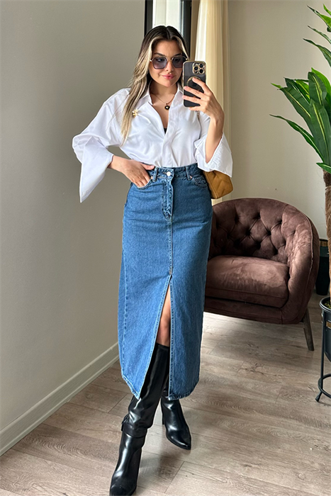 Midblue yırtmaçlı kot kalem etek