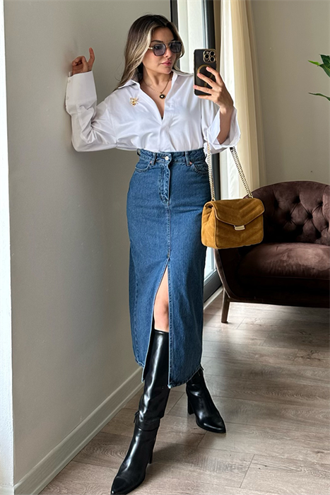 Midblue yırtmaçlı kot kalem etek